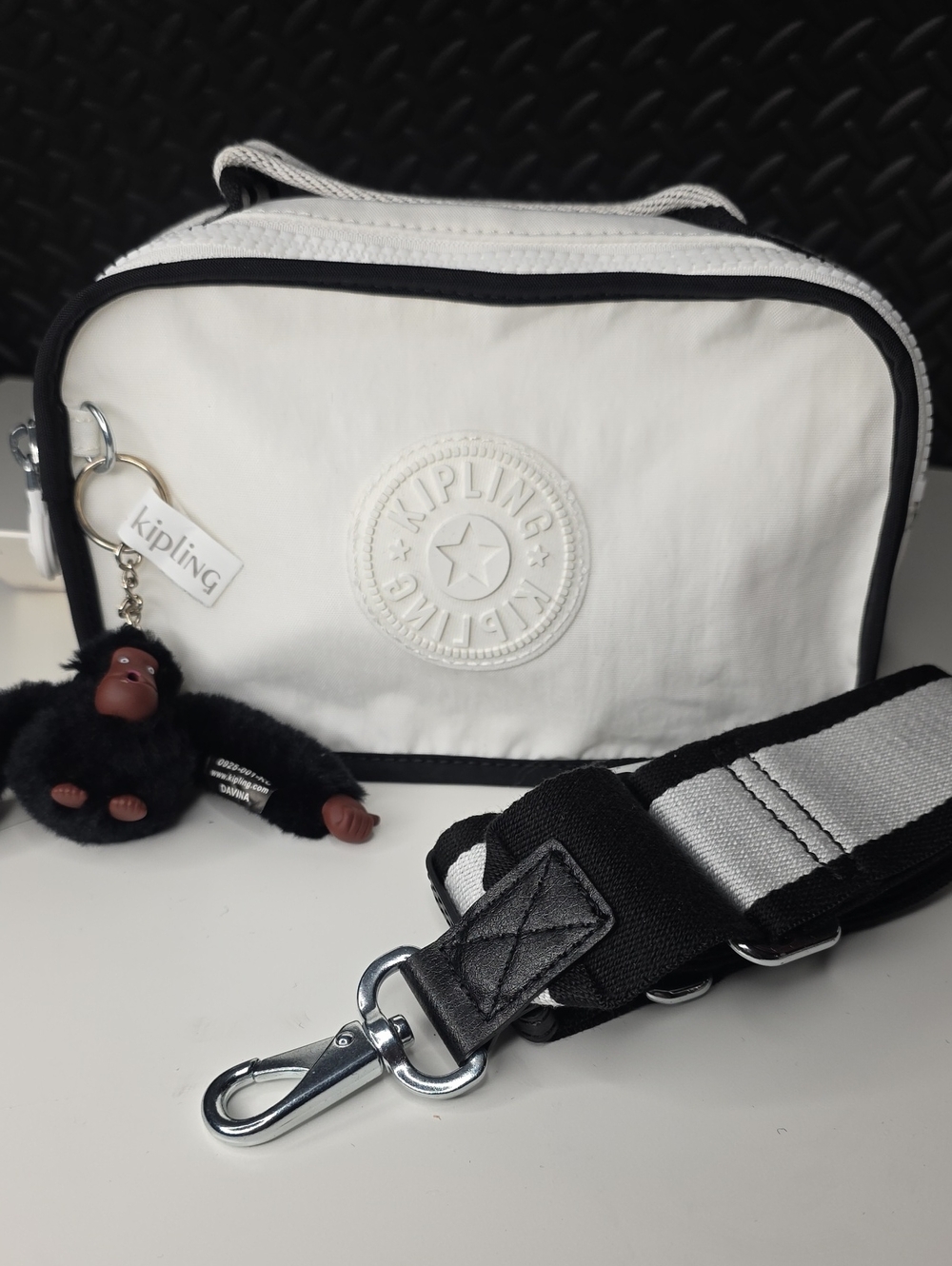 362 - Kipling Kendria Alabaster Crossbody with Black Trim & Stripe Web Strap